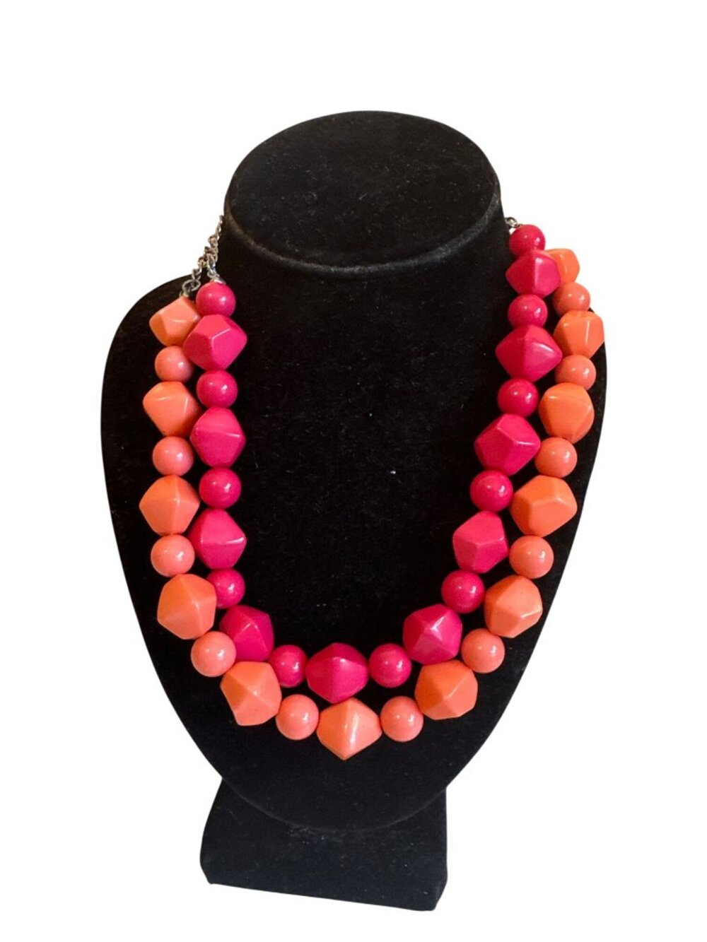 Beaded Necklace Pink Orange Geometric Chunky Double Strand Statement Retro